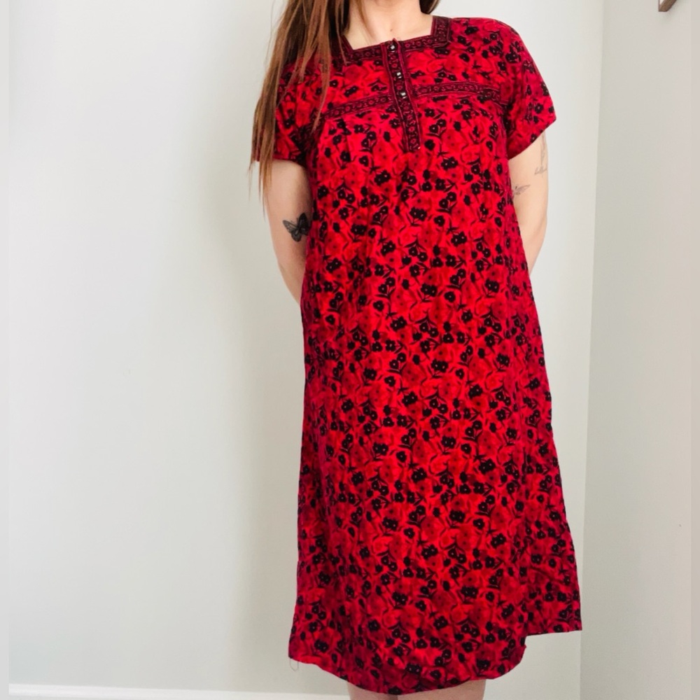 Red Floral Folk Midi Dress